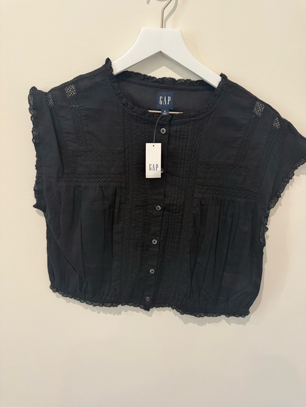 GAP Black Lace-Trim Button Front Blouse